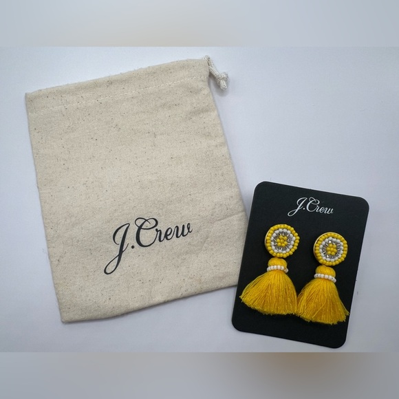 NWT! J. Crew Yellow Beaded Tassel Stud Earrings and Dust Bag - Picture 4 of 10